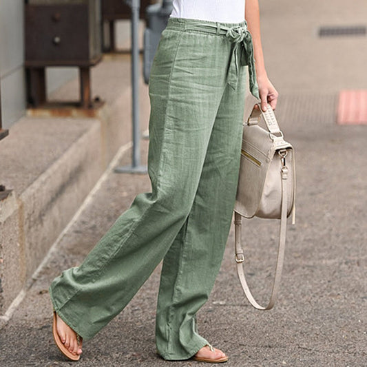 Linen Cotton Solid Elastic Waist Trousers Casual Pants