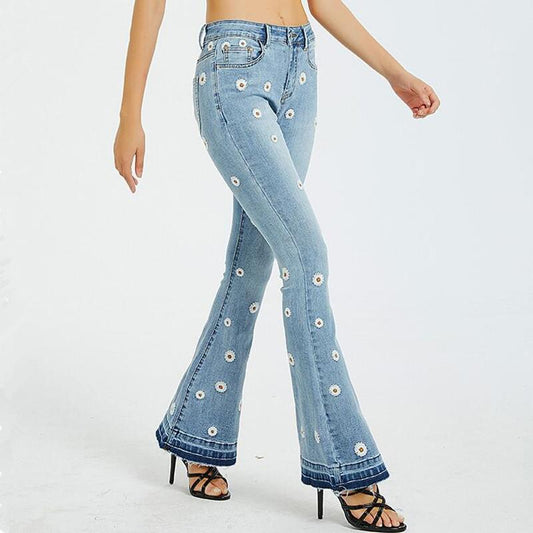 Flower Embroidered Flare Denim Pant