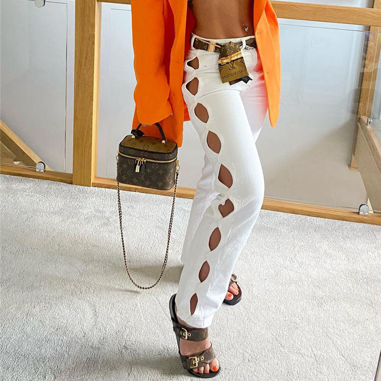 Woman Sexy White Hollow Out Straight Pants