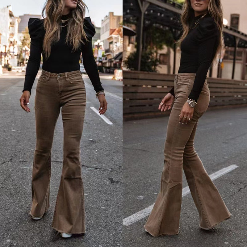 Corduroy Trousers Fashion Mid Waist Micro Flared Pants – Deluxe Bazaar