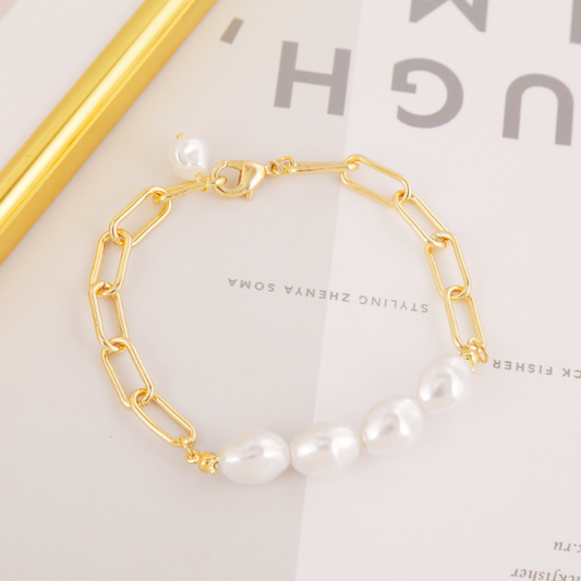 Womens Link Bracelet with Faux Pearl Beads