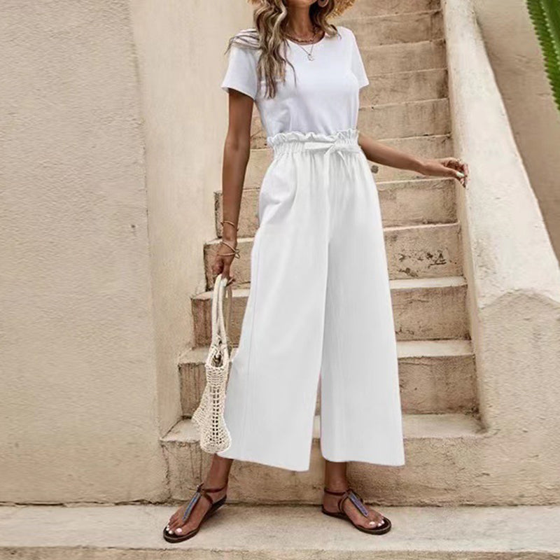 Wide Leg Pants Elastic Waist Cotton Linen Loose Straight Ninth Pants