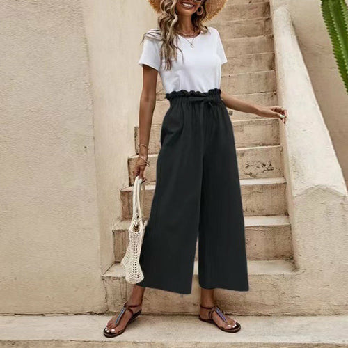 Wide Leg Pants Elastic Waist Cotton Linen Loose Straight Ninth Pants