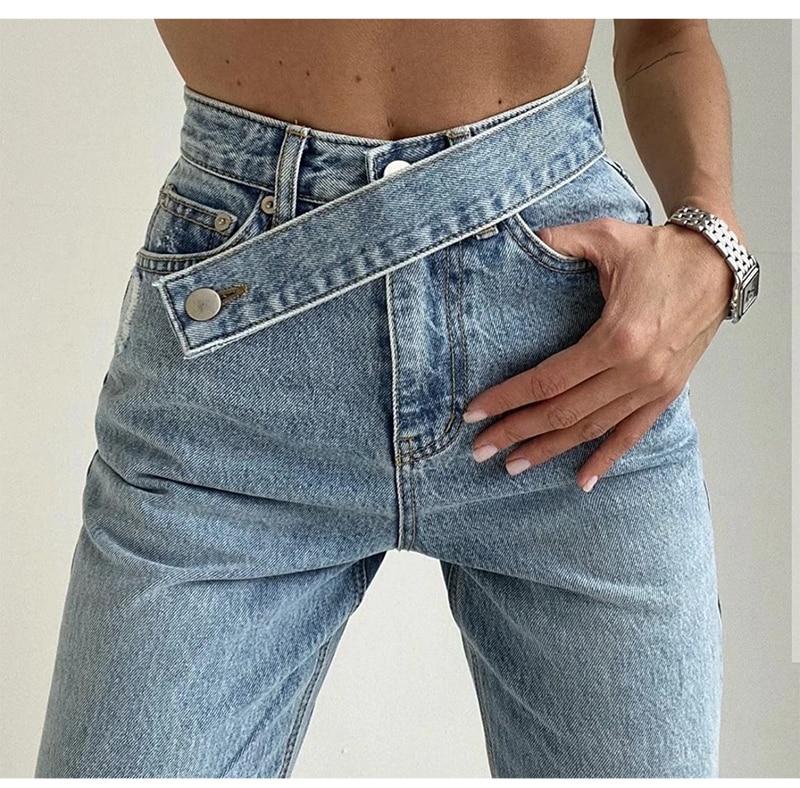 Women's Fake Belt Jeans Buttons straight Pants High Street Denim Loose