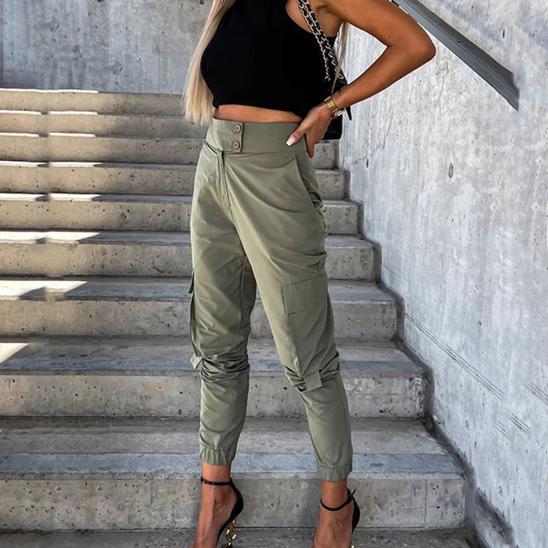 Solid Cargo Pants Vintage Button High Waist Casual Pants