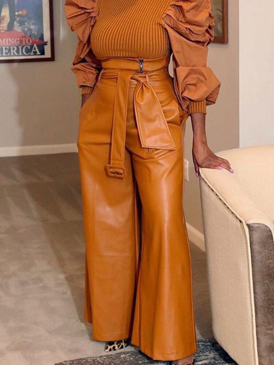 Leather Pocket Zipper Belted High Waist Pants