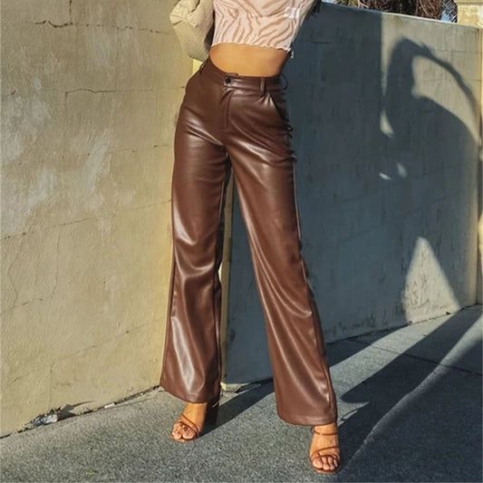 High Waist Brown Faux Leather Pants Streetwear